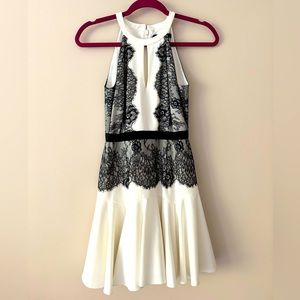 BCBG Maxazaria Leyla White Crepe with Black Lace Mini Dress